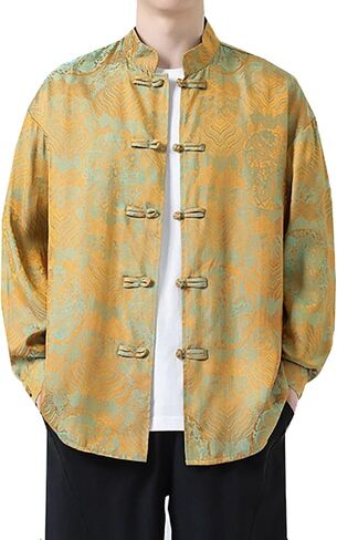 Autumn Tang Suit,Chinese Style Chinese Style Long Sleeve Pattern Men's Retro Top Shirt Buttoned for Men(Light Blue,Yellow)(Light Blue)(4XL) in Kuwait