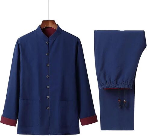 Men Shirts Traditional Tang Suit Long Sleeve Tai Chi Kung Fu Shirt,Chinese Tang Suit Spring and Autumn Retro Men Double-Sided(Blue)(XL) in Kuwait
