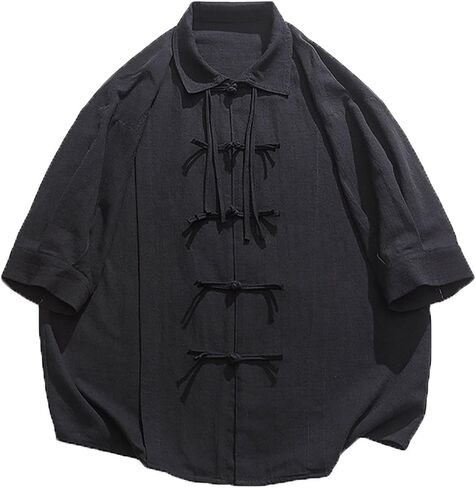 Chinese Traditional Retro Tang Suit Jacket,Shirt Chinese Buttons Lightweight Jacket,Summer Men Tang Suit Chinese Mid-Sleeve Shirt(Black)(XL) in Kuwait