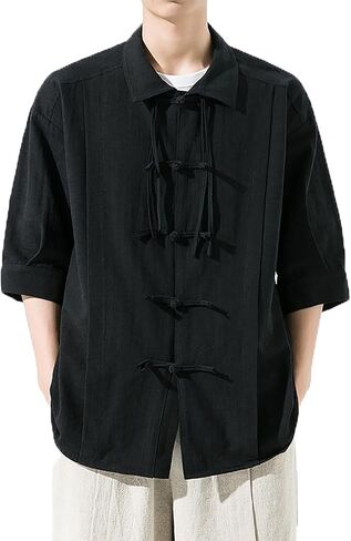 Chinese Traditional Retro Tang Suit Jacket,Shirt Chinese Buttons Lightweight Jacket,Summer Men Tang Suit Chinese Mid-Sleeve Shirt(Black)(XL) in Kuwait