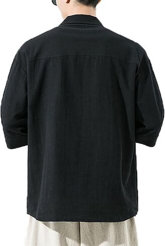 Chinese Traditional Retro Tang Suit Jacket,Shirt Chinese Buttons Lightweight Jacket,Summer Men Tang Suit Chinese Mid-Sleeve Shirt(Black)(XL) in Kuwait