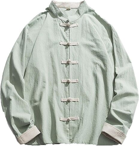 Men Tang Suit Jacket,Traditional Tang Outerwear,Spring Summer Men Retro Chinese Button Down Shirt Tang Suit Casual Long Sleeve(Green)(2XL) in Kuwait