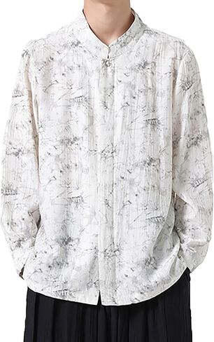 Traditional Chinese Tang Suit Shirt Loose for Men Clothing,Spring Summer Chinese Satin Breathable Long Sleeved Shirt Stand Up(Coffee)(2XL) in Kuwait