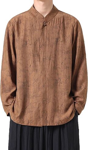 Traditional Chinese Tang Suit Shirt Loose for Men Clothing,Spring Summer Chinese Satin Breathable Long Sleeved Shirt Stand Up(Coffee)(2XL) in Kuwait