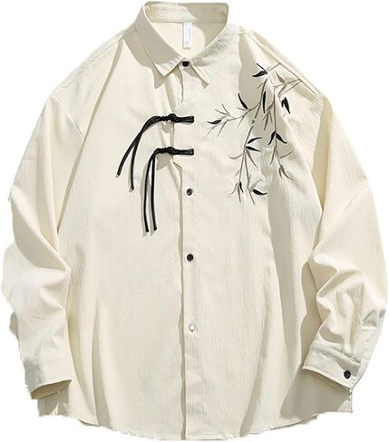 Chinese Embroidered Shirt Jacket Tang Suit Vintage Casual Coat,Chinese Long Sleeved Shirt Spring Autumn,Embroidered Retro Button(Grey)(XL) in Kuwait