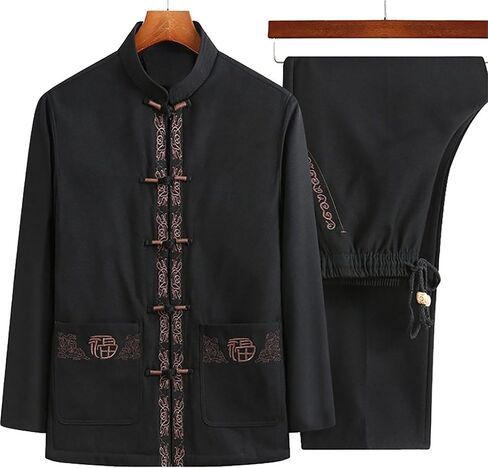 Kung Fu Tops Uniform Tang Men Chinese Traditional Clothing Martial Arts,Spring Autumn Tang Suit Men Long Sleeve Chinese(Black)(2XL) in Kuwait