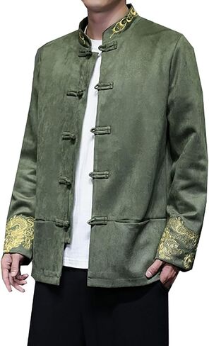 Autumn and Winter Tang Suit,Chinese Style Men Retro Embroidery Chinese Tang Suit Large Size Jacket for Men（Black,Green）(Black)(XL) in Kuwait
