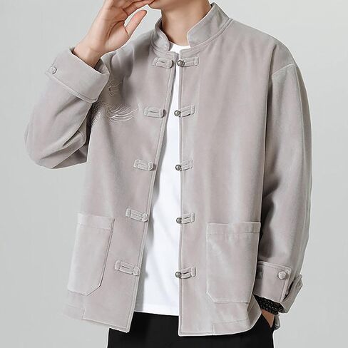 Autumn and Winter Tang Suit,Chinese Style Men Casual Velvet Embroidery Thickened Stand Collar Tang Suit（Light Gray,Dark Blue(Light Gray)(4XL) in Kuwait