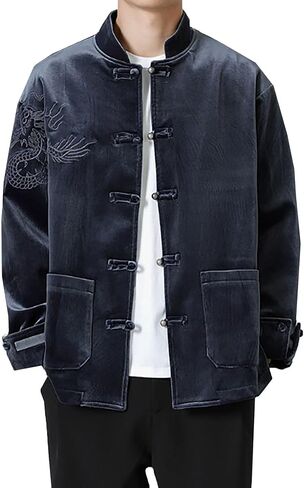 Autumn and Winter Tang Suit,Chinese Style Men Casual Velvet Embroidery Thickened Stand Collar Tang Suit（Light Gray,Dark Blue(Light Gray)(4XL) in Kuwait