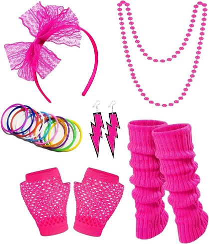 17 Pcs 80s Costume Accessories for Women, Party Set with Headband Fishnet Gloves Leg Warmers & Neon Jewelry for 80s Theme Party Halloween Concert in Saudi Arabia