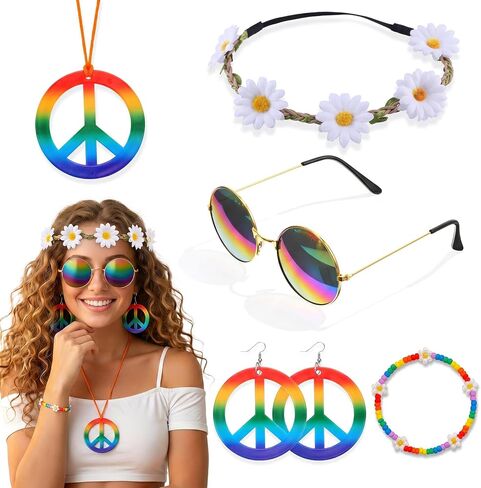 5Pcs 60s 70s Accessories for Women Hippie Costume Accessories Glasses Headband Peace Sign Necklace Earring Bracelet in Kuwait