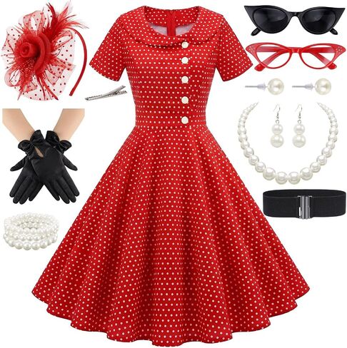1950s Dresses for Women Vintage Polka Dot Rockabilly A-Line Swing Tea Party Dress with 10Pcs Accessories Set in Saudi Arabia
