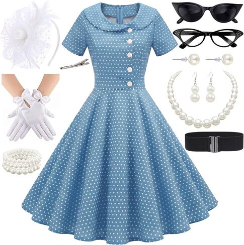 1950s Dresses for Women Vintage Polka Dot Rockabilly A-Line Swing Tea Party Dress with 10Pcs Accessories Set in Kuwait