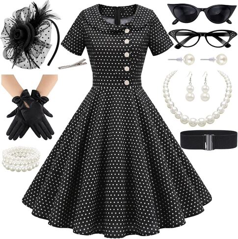 1950s Dresses for Women Vintage Polka Dot Rockabilly A-Line Swing Tea Party Dress with 10Pcs Accessories Set in Kuwait