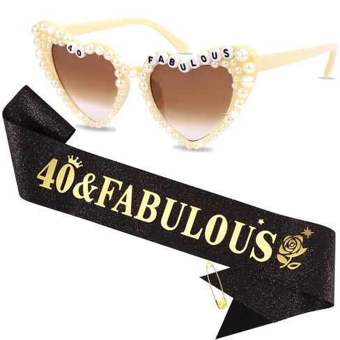 CUBACO 40th Birthday Sunglasses and Sash, 40th Birthday Gifts for Women Decorations Outfits for Women Party Favors Supplies 40 & Fabulous Older Accessories Pins Gift Ideas in Kuwait