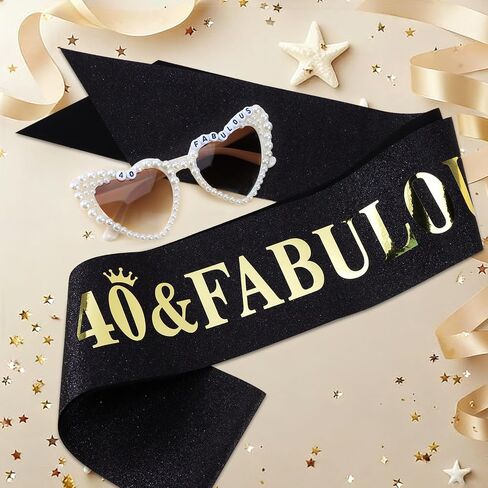 CUBACO 40th Birthday Sunglasses and Sash, 40th Birthday Gifts for Women Decorations Outfits for Women Party Favors Supplies 40 & Fabulous Older Accessories Pins Gift Ideas in Kuwait