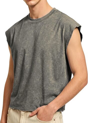 PLEPAN Men's Cropped Muscle Sleeveless Cotton Tank Tops Cut Off Fashion Washed T Shirts Workout Tee in Kuwait
