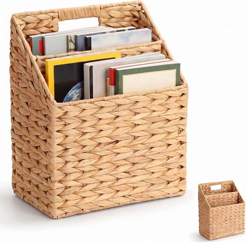 Hushee Wicker Hanging Magazine Rack 10.5 x 6.5 x 13 Inches Magazine File Holder Handwoven Wall Mounted Hanging Basket with Divided Compartments and Slanted Design Rustic Boho Home Office Decor in Kuwait