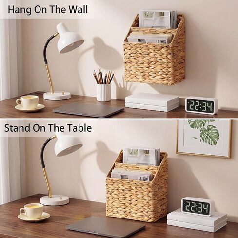 Hushee Wicker Hanging Magazine Rack 10.5 x 6.5 x 13 Inches Magazine File Holder Handwoven Wall Mounted Hanging Basket with Divided Compartments and Slanted Design Rustic Boho Home Office Decor in Kuwait