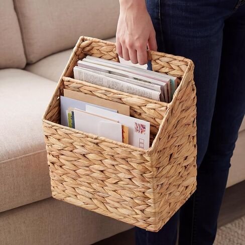 Hushee Wicker Hanging Magazine Rack 10.5 x 6.5 x 13 Inches Magazine File Holder Handwoven Wall Mounted Hanging Basket with Divided Compartments and Slanted Design Rustic Boho Home Office Decor in Kuwait