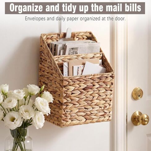 Hushee Wicker Hanging Magazine Rack 10.5 x 6.5 x 13 Inches Magazine File Holder Handwoven Wall Mounted Hanging Basket with Divided Compartments and Slanted Design Rustic Boho Home Office Decor in Kuwait
