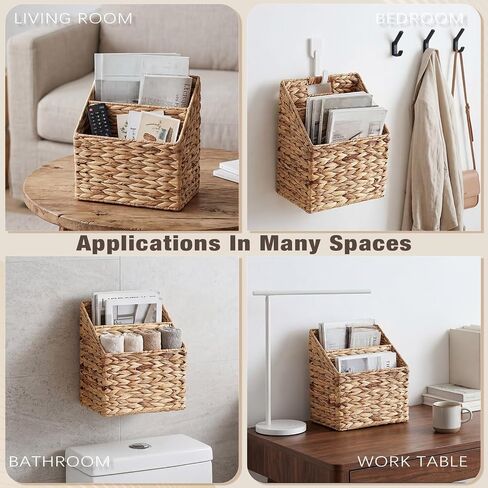Hushee Wicker Hanging Magazine Rack 10.5 x 6.5 x 13 Inches Magazine File Holder Handwoven Wall Mounted Hanging Basket with Divided Compartments and Slanted Design Rustic Boho Home Office Decor in Kuwait