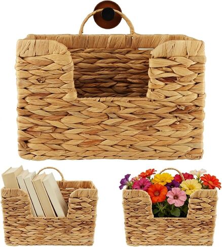 Hanging Magazine Basket, Handwoven Water Hyacinth Wall Magazine Holder with Handle for Books & Files, 11.8x4.3x7.9 Inch Water Hyacinth Farmhouse Storage Rack with Hook for Bathroom, Kitchen, Office in Saudi Arabia