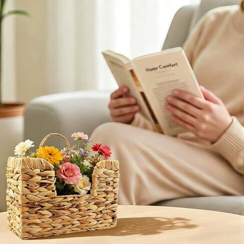 Hanging Magazine Basket, Handwoven Water Hyacinth Wall Magazine Holder with Handle for Books & Files, 11.8x4.3x7.9 Inch Water Hyacinth Farmhouse Storage Rack with Hook for Bathroom, Kitchen, Office in Saudi Arabia