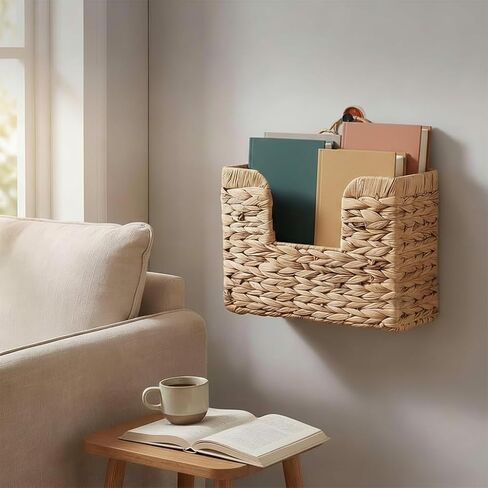 Hanging Magazine Basket, Handwoven Water Hyacinth Wall Magazine Holder with Handle for Books & Files, 11.8x4.3x7.9 Inch Water Hyacinth Farmhouse Storage Rack with Hook for Bathroom, Kitchen, Office in Saudi Arabia
