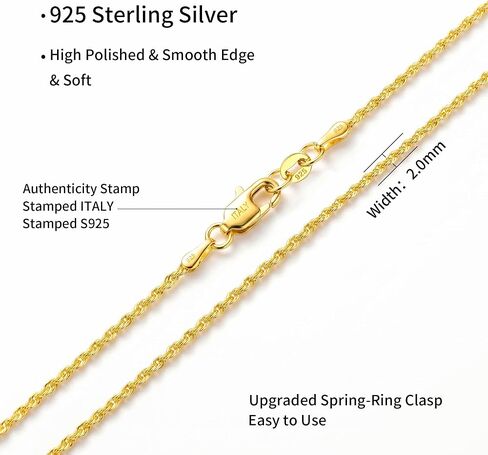 S925 Sterling Silver Chain for Women, 2mm Sterling Silver Rope Chain Necklace Thick Sturdy Colourfast Necklaces Jewelry for Women 16/18/20/22 Inch in Saudi Arabia