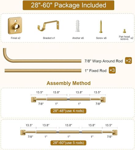 Lootkell Gold Wrap Around Curtain Rods for Windows 28-48 Inch, Adjustable Blackout Window Curtain Rod, Heavy Duty 1" Metal Drapery Rod with Modern French Return Design for Bedroom Living Room Kitchen in Saudi Arabia
