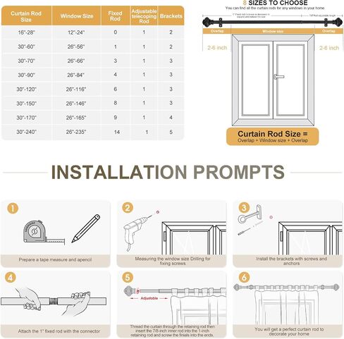 Heavy Duty Steel Curtain Rod Adjustable 32-240 Inches, 1 Inch Diameter Curtain Rod for Wide Windows - Black Space-Saving Design with Brackets in Saudi Arabia