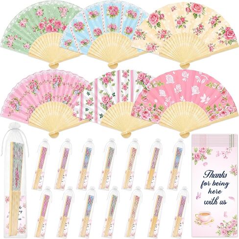 15Pcs Tea Party Favors Flower Paper Fans with Bags and Cards Folding Handheld Fans Wedding Supplies Decorations for Guests Garden Bridal Shower Decor in Saudi Arabia