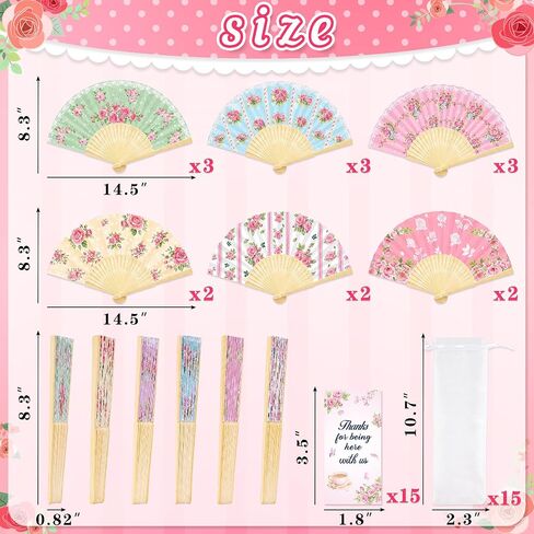 15Pcs Tea Party Favors Flower Paper Fans with Bags and Cards Folding Handheld Fans Wedding Supplies Decorations for Guests Garden Bridal Shower Decor in Saudi Arabia