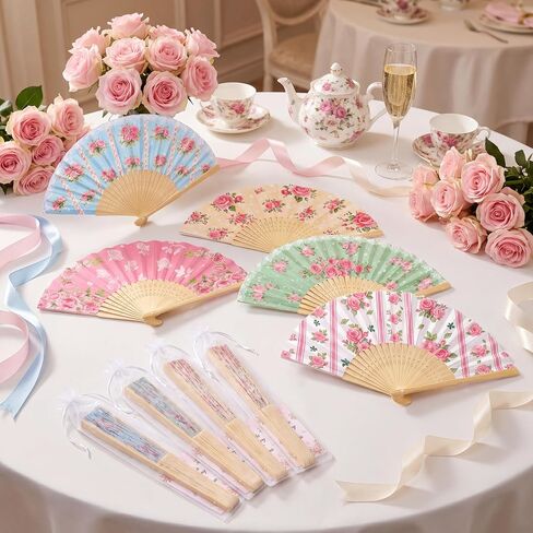 15Pcs Tea Party Favors Flower Paper Fans with Bags and Cards Folding Handheld Fans Wedding Supplies Decorations for Guests Garden Bridal Shower Decor in Saudi Arabia