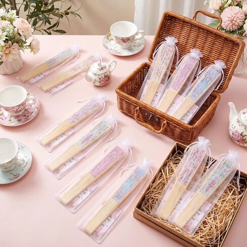 15Pcs Tea Party Favors Flower Paper Fans with Bags and Cards Folding Handheld Fans Wedding Supplies Decorations for Guests Garden Bridal Shower Decor in Saudi Arabia