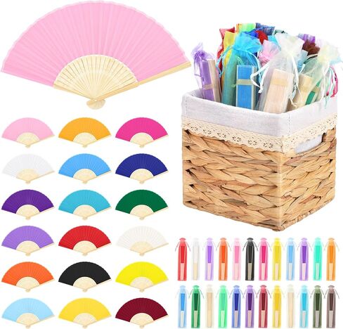 Aneco 50 Pieces Silk Wedding Fans Bamboo Handheld Folding Fans Foldable Hand Fan for Wedding Guests with Storage Basket Weddings Decorations Bridal Shower Party Favor DIY Home Decor, Cream in Kuwait