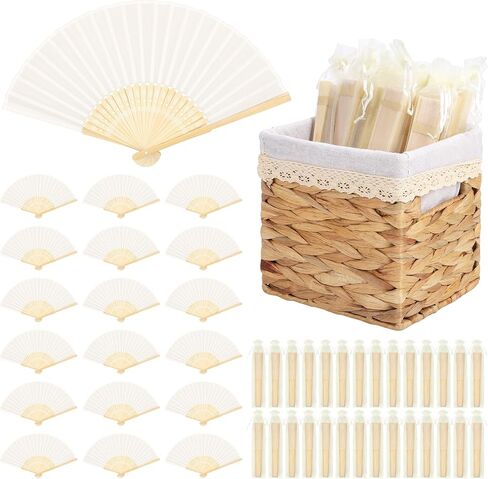 Aneco 50 Pieces Silk Wedding Fans Bamboo Handheld Folding Fans Foldable Hand Fan for Wedding Guests with Storage Basket Weddings Decorations Bridal Shower Party Favor DIY Home Decor, Cream in Kuwait