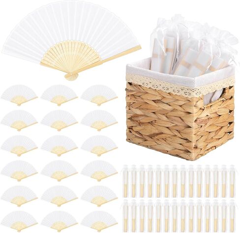 Aneco 50 Pieces Silk Wedding Fans Bamboo Handheld Folding Fans Foldable Hand Fan for Wedding Guests with Storage Basket Weddings Decorations Bridal Shower Party Favor DIY Home Decor, Cream in Kuwait