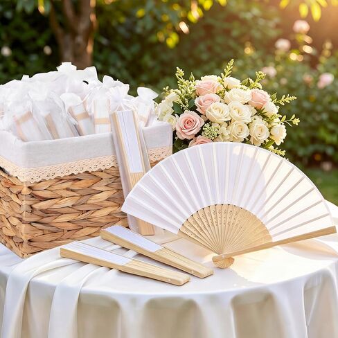 Aneco 50 Pieces Silk Wedding Fans Bamboo Handheld Folding Fans Foldable Hand Fan for Wedding Guests with Storage Basket Weddings Decorations Bridal Shower Party Favor DIY Home Decor, Cream in Kuwait