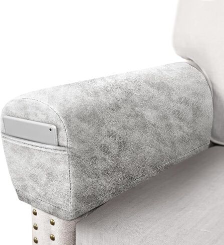 ANARACHON Leather Look Couch Arm Covers Set of 2 Armrest Covers for Sofa Chair Arm Protectors Stretch Armchair Slipcovers with Pockets Washable Spandex Fabric (Medium, Brown) in Kuwait