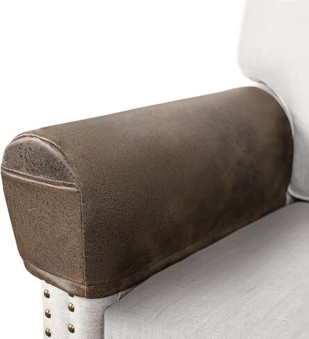 ANARACHON Leather Look Couch Arm Covers Set of 2 Armrest Covers for Sofa Chair Arm Protectors Stretch Armchair Slipcovers with Pockets Washable Spandex Fabric (Medium, Brown) in Saudi Arabia