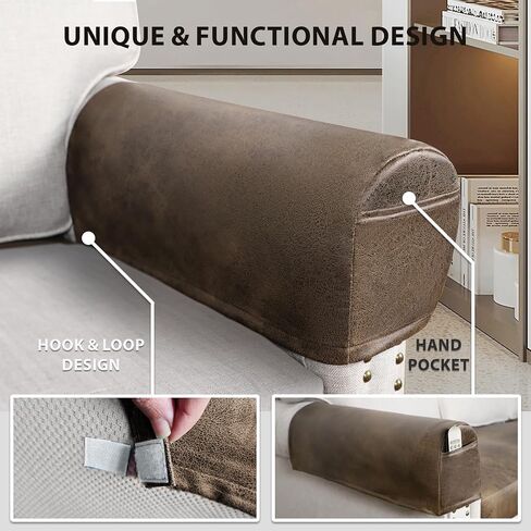 ANARACHON Leather Look Couch Arm Covers Set of 2 Armrest Covers for Sofa Chair Arm Protectors Stretch Armchair Slipcovers with Pockets Washable Spandex Fabric (Medium, Brown) in Saudi Arabia