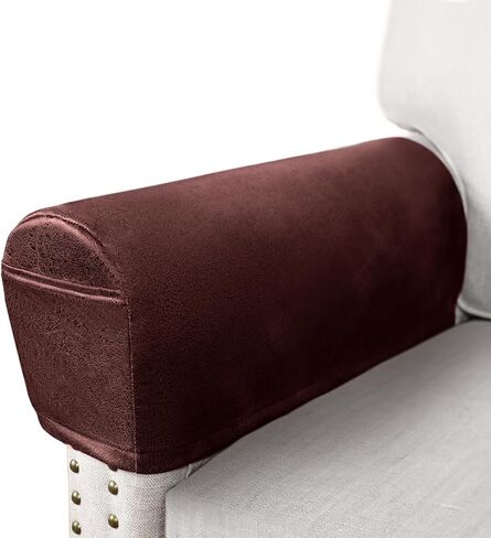 ANARACHON Leather Look Couch Arm Covers Set of 2 Armrest Covers for Sofa Chair Arm Protectors Stretch Armchair Slipcovers with Pockets Washable Spandex Fabric (Medium, Brown) in Saudi Arabia
