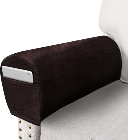 ANARACHON Leather Look Couch Arm Covers Set of 2 Armrest Covers for Sofa Chair Arm Protectors Stretch Armchair Slipcovers with Pockets Washable Spandex Fabric (Medium, Brown) in Saudi Arabia