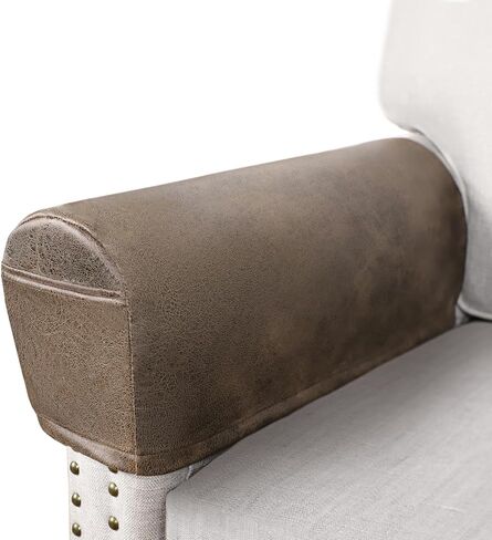 ANARACHON Leather Look Couch Arm Covers Set of 2 Armrest Covers for Sofa Chair Arm Protectors Stretch Armchair Slipcovers with Pockets Washable Spandex Fabric (Medium, Brown) in Saudi Arabia