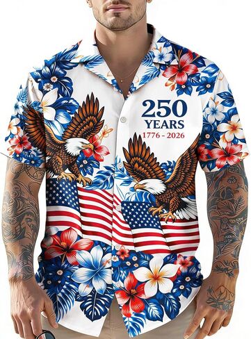 4th of July Hawaiian Shirts for Men America Flag Button Down T-Shirts 250th Anniversary USA Shirt Patriotic Tops in Kuwait