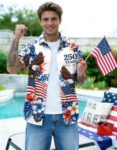 4th of July Hawaiian Shirts for Men America Flag Button Down T-Shirts 250th Anniversary USA Shirt Patriotic Tops in Kuwait