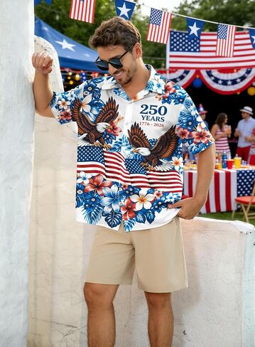 4th of July Hawaiian Shirts for Men America Flag Button Down T-Shirts 250th Anniversary USA Shirt Patriotic Tops in Kuwait