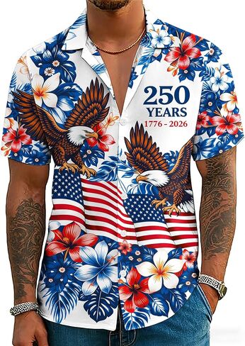 4th of July Hawaiian Shirts for Men America Flag Button Down T-Shirts 250th Anniversary USA Shirt Patriotic Tops in Kuwait